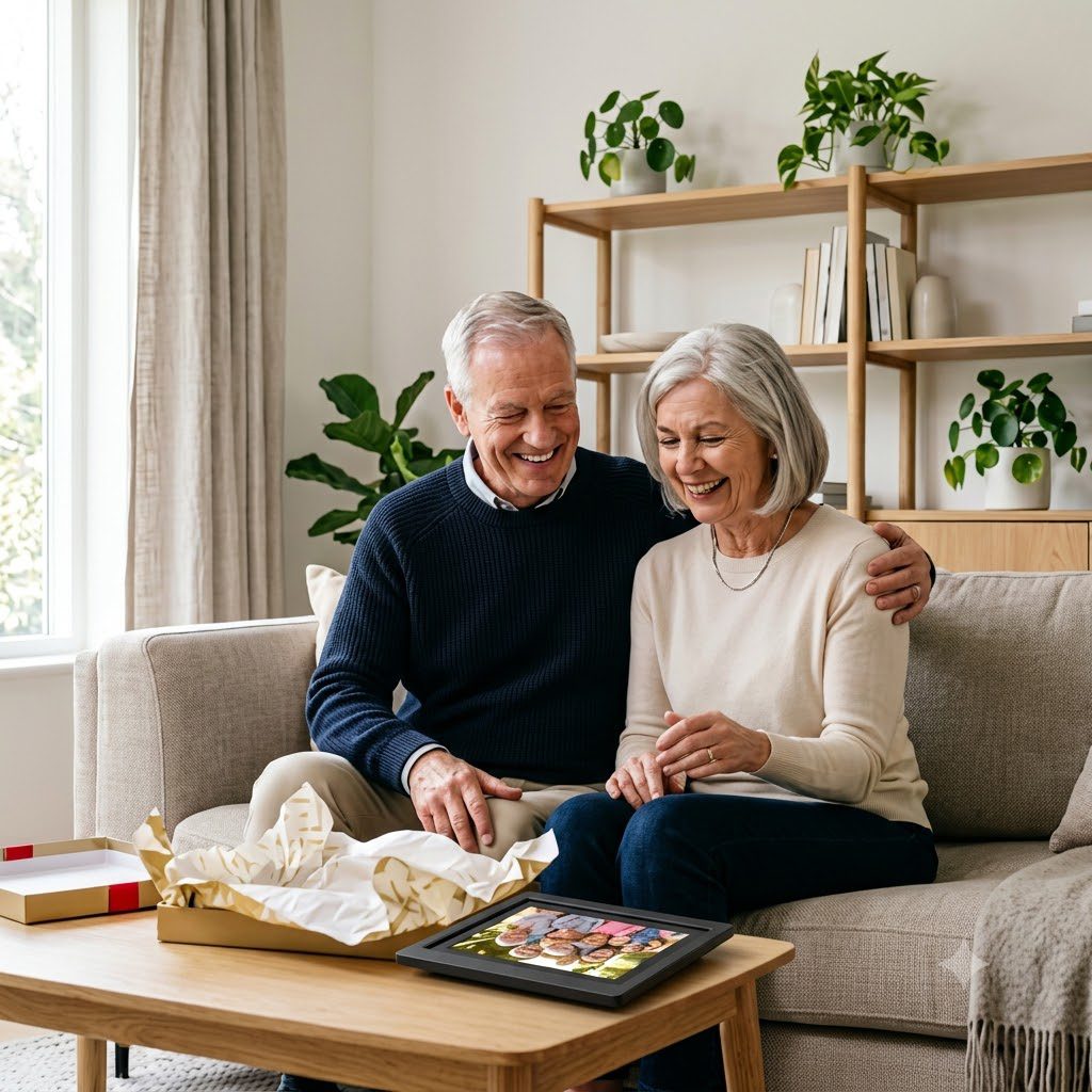 Senior couple unwrapping Pix-Star as a gift