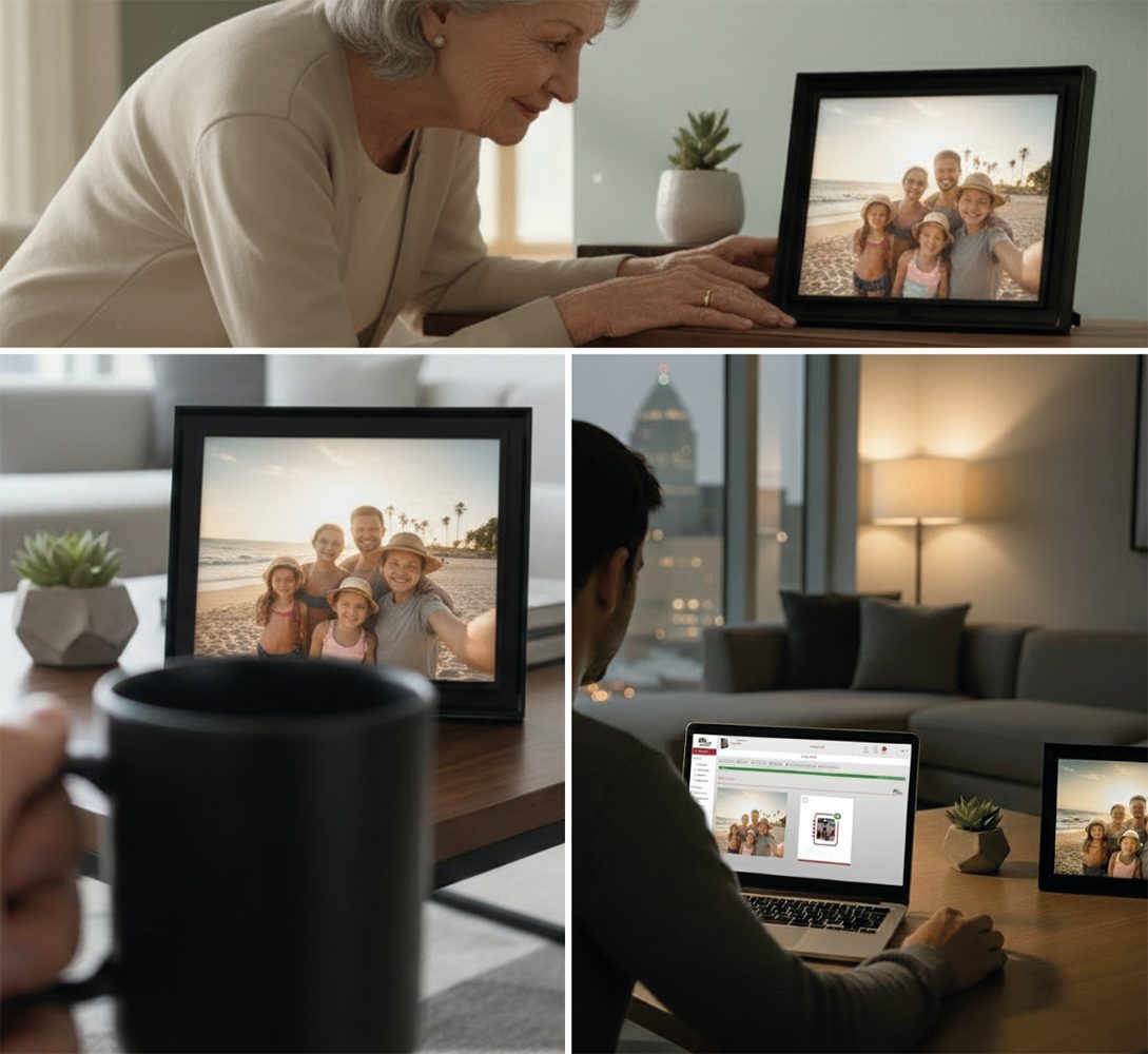 Happy senior resident staying connected with family